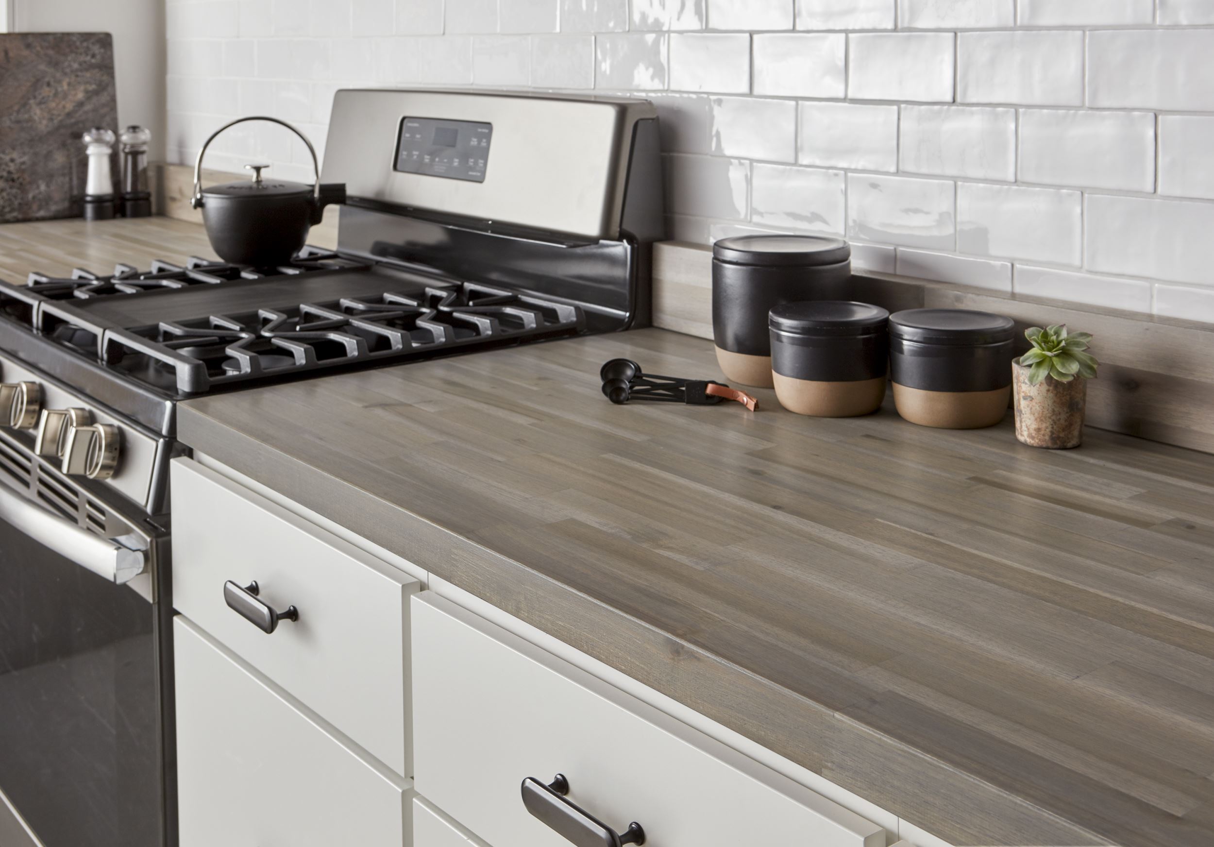 CenterPointe Kitchen with Acacia Butcher Block in Grey Stain